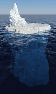 An iceberg representing financial issues and money problems hidden below the surface.