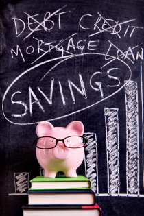 A piggy bank choosing saving money over paying down debt.