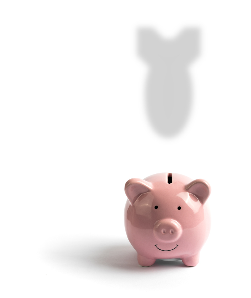 An illustration of unexpected expenses impacting someone's savings as represented by a piggy bank.