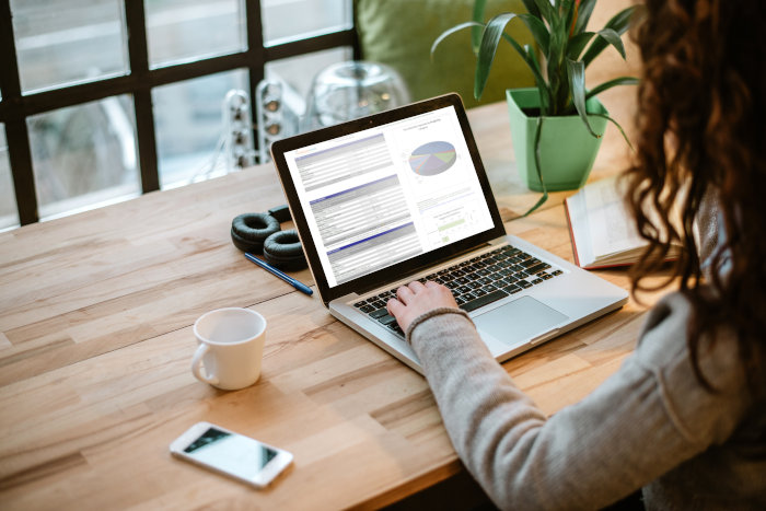 A person on a laptop using an Excel budgeting calculator spreadsheet and worksheet that is designed for Canadian consumer personal and household budgets.