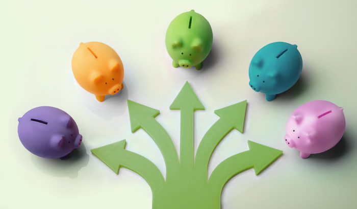 5 piggy banks illustrating how to save money every month, and ways to save that money for the future.