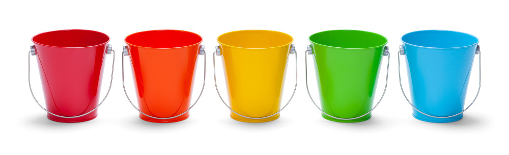 Five different coloured buckets representing the five different tax brackets in Canada's tax system.