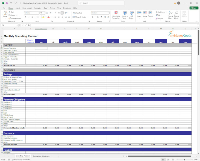 A screenshot of an Excel personal monthly expense tracker spreadsheet.